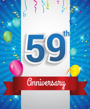 59 yıldönümü logosu, konfeti ve balon, kırmızı kurdele, renkli vektör tasarım şablonu öğeleri için davetiye, broşür, afiş ve poster ile kutluyor
