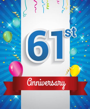 61 yıldönümü logosu, konfeti ve balon, kırmızı kurdele, renkli vektör tasarım şablonu öğeleri için davetiye, broşür, afiş ve poster ile kutluyor