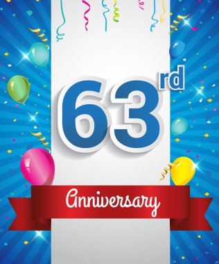 63th yıldönümü logosu, konfeti ve balon, kırmızı kurdele, renkli vektör tasarım şablonu öğeleri için davetiye, broşür, afiş ve poster ile kutluyor