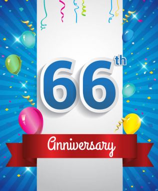 66 yıldönümü logosu, konfeti ve balon, kırmızı kurdele, renkli vektör tasarım şablonu öğeleri için davetiye, broşür, afiş ve poster ile kutluyor