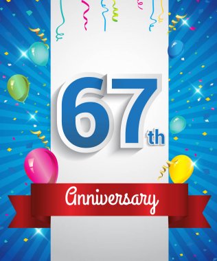 67 yıldönümü logosu, konfeti ve balon, kırmızı kurdele, renkli vektör tasarım şablonu öğeleri için davetiye, broşür, afiş ve poster ile kutluyor