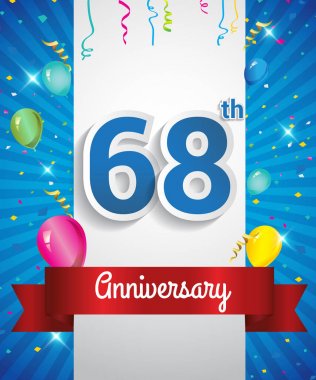 68 yıldönümü logosu, konfeti ve balon, kırmızı kurdele, renkli vektör tasarım şablonu öğeleri için davetiye, broşür, afiş ve poster ile kutluyor