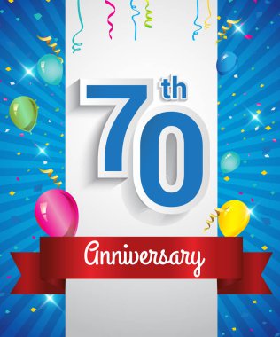 Konfeti ve balon, kırmızı kurdele, renkli vektör tasarım şablonu öğeleri için davetiye, broşür, afiş ve poster ile 70 yıldönümü logo kutluyor