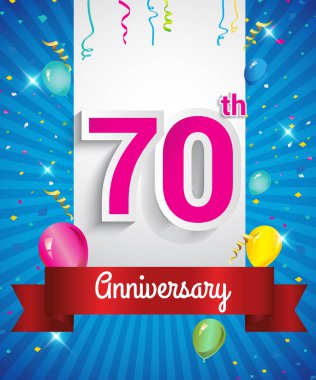Konfeti ve balon, kırmızı kurdele, renkli vektör tasarım şablonu öğeleri için davetiye, broşür, afiş ve poster ile 70 yıldönümü logo kutluyor