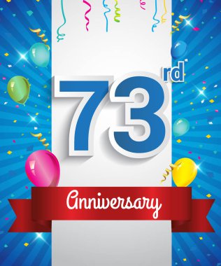 73 yıldönümü logosu, konfeti ve balon, kırmızı kurdele, renkli vektör tasarım şablonu öğeleri için davetiye, broşür, afiş ve poster ile kutluyor