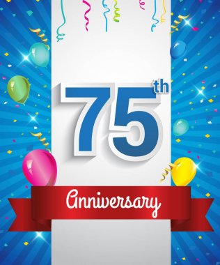 75 yıl dönümü logosu, konfeti ve balon, kırmızı kurdele, renkli vektör tasarım şablonu öğeleri için davetiye, broşür, afiş ve poster ile kutluyor
