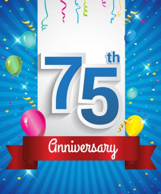 75 yıl dönümü logosu, konfeti ve balon, kırmızı kurdele, renkli vektör tasarım şablonu öğeleri için davetiye, broşür, afiş ve poster ile kutluyor