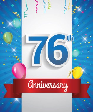 Konfeti ve balon, kırmızı kurdele, renkli vektör tasarım şablonu öğeleri için davetiye, broşür, afiş ve poster ile 76 yıldönümü logo kutluyor