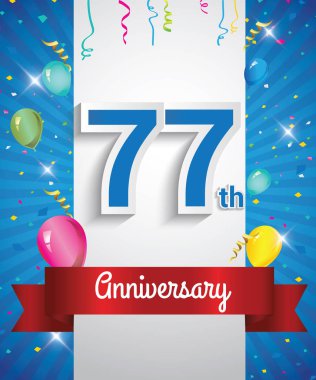 77 yıldönümü logosu, konfeti ve balon, kırmızı kurdele, renkli vektör tasarım şablonu öğeleri için davetiye, broşür, afiş ve poster ile kutluyor