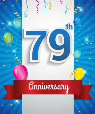 Konfeti ve balon, kırmızı kurdele, renkli vektör tasarım şablonu öğeleri için davetiye, broşür, afiş ve poster ile 79 yıldönümü logo kutluyor