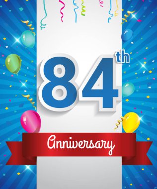 84 yıldönümü logosu, konfeti ve balon, kırmızı kurdele, renkli vektör tasarım şablonu öğeleri için davetiye, broşür, afiş ve poster ile kutluyor