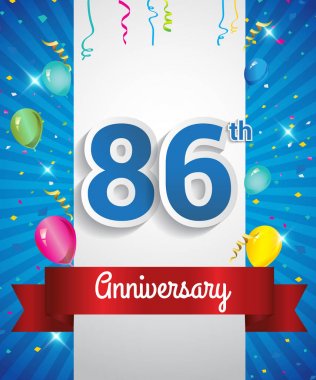 86 yıldönümü logosu, konfeti ve balon, kırmızı kurdele, renkli vektör tasarım şablonu öğeleri için davetiye, broşür, afiş ve poster ile kutluyor