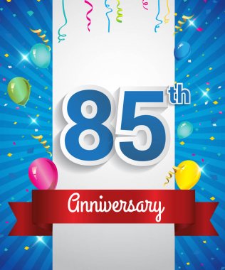 Konfeti ve balon, kırmızı kurdele, renkli vektör tasarım şablonu öğeleri için davetiye, broşür, afiş ve poster ile 85 yıldönümü logo kutluyor