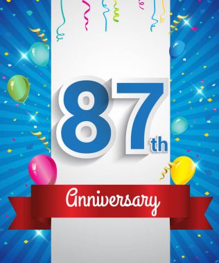87 yıldönümü logosu, konfeti ve balon, kırmızı kurdele, renkli vektör tasarım şablonu öğeleri için davetiye, broşür, afiş ve poster ile kutluyor