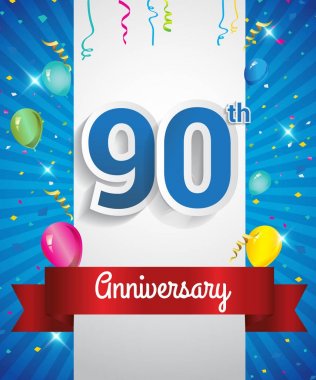 Celebrating 90th Anniversary logo, with confetti and balloons, red ribbon, Colorful Vector design template elements for your invitation card, flyer, banner and poster clipart