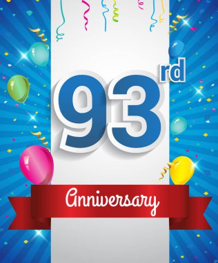 93 yıldönümü logosu, konfeti ve balon, kırmızı kurdele, renkli vektör tasarım şablonu öğeleri için davetiye, broşür, afiş ve poster ile kutluyor