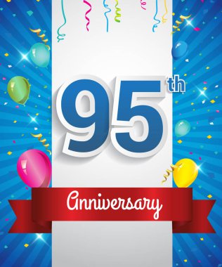 Konfeti ve balon, kırmızı kurdele, renkli vektör tasarım şablonu öğeleri için davetiye, broşür, afiş ve poster ile 95 yıldönümü logo kutluyor