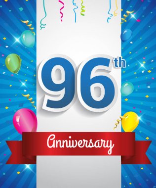 96 yıldönümü logosu, konfeti ve balon, kırmızı kurdele, renkli vektör tasarım şablonu öğeleri için davetiye, broşür, afiş ve poster ile kutluyor