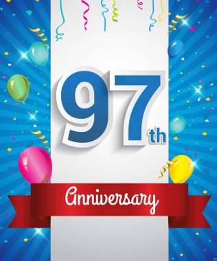 97 yıldönümü logosu, konfeti ve balon, kırmızı kurdele, renkli vektör tasarım şablonu öğeleri için davetiye, broşür, afiş ve poster ile kutluyor