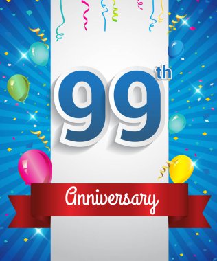 Konfeti ve balon, kırmızı kurdele, renkli vektör tasarım şablonu öğeleri için davetiye, broşür, afiş ve poster ile 99 yıldönümü logo kutluyor
