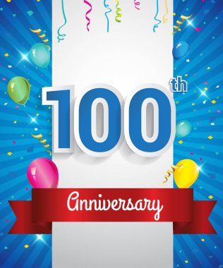 Konfeti ve balon, kırmızı kurdele, renkli vektör tasarım şablonu öğeleri için davetiye, broşür, afiş ve poster ile 100 yıldönümü logo kutluyor