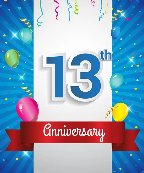 Viert 13E Verjaardagslogo Met Confetti Ballonnen Rood Lint Kleurrijke Vector — Stockvector