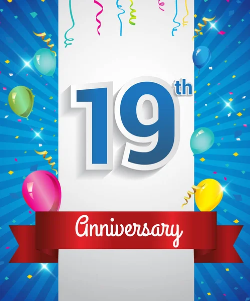 Celebrazione Del Logo Del 19Esimo Anniversario Con Coriandoli Palloncini Nastro — Vettoriale Stock