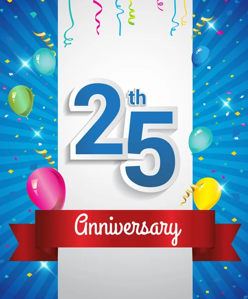 Slaví 25Th Anniversary Logo Konfety Balóny Červenou Stužku Barevné Vektorové — Stockový vektor