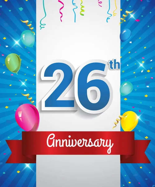 Celebrating 26Th Anniversary Logo Confetti Balloons Red Ribbon Colorful Vector — Stock Vector