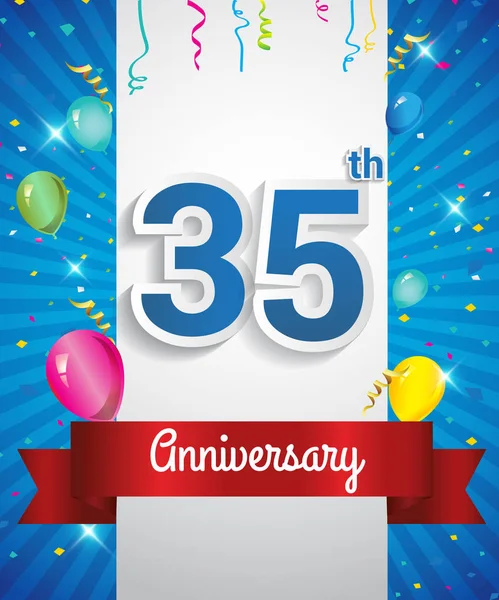 Celebrating 35Th Anniversary Logo Confetti Balloons Red Ribbon Colorful Vector — Stock Vector