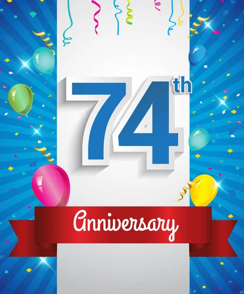 Vieren 74E Verjaardagslogo Met Confetti Ballonnen Rood Lint Kleurrijke Vector — Stockvector