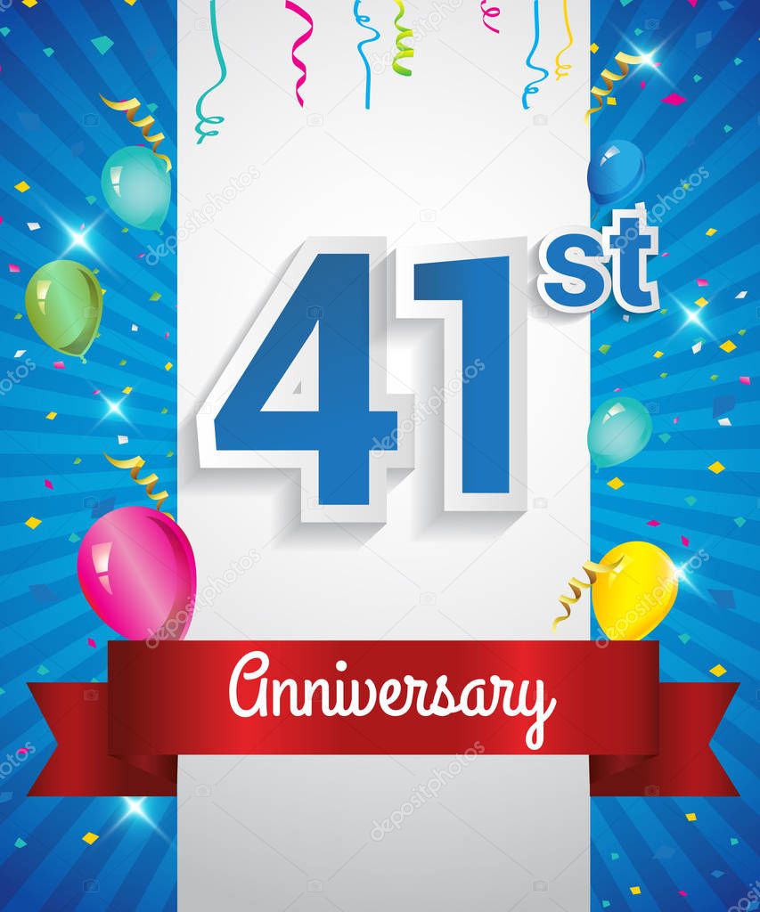 Celebrating 41st Anniversary logo, with confetti and balloons, red ribbon, Colorful Vector design template elements for your invitation card, flyer, banner and poster