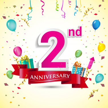 doğum günü partin için hediye kutusu ve balonlar, kırmızı kurdele, renkli vektör şablon öğeleri ile 2 yıldönümü kutlama tasarım