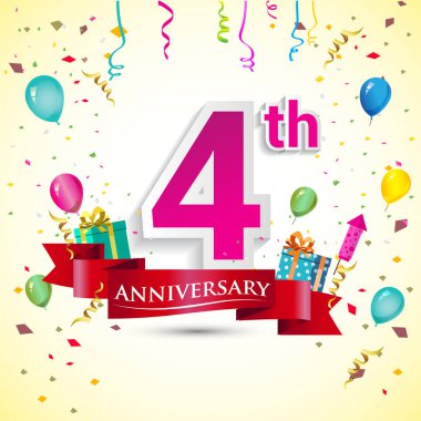 doğum günü partin için hediye kutusu ve balonlar, kırmızı kurdele, renkli vektör şablon öğeleri ile 4 yıldönümü kutlama tasarım