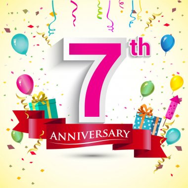doğum günü partin için hediye kutusu ve balonlar, kırmızı kurdele, renkli vektör şablon öğeleri ile 7 yıldönümü kutlama tasarım