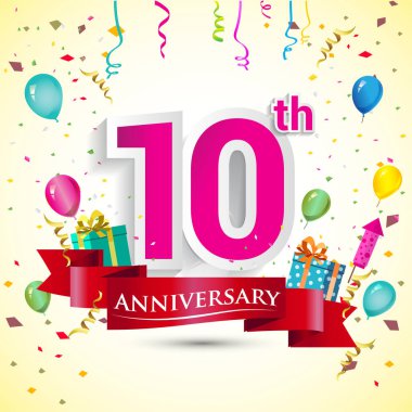 doğum günü partin için hediye kutusu ve balonlar, kırmızı kurdele, renkli vektör şablon öğeleri ile 10th yıldönümü kutlama tasarım