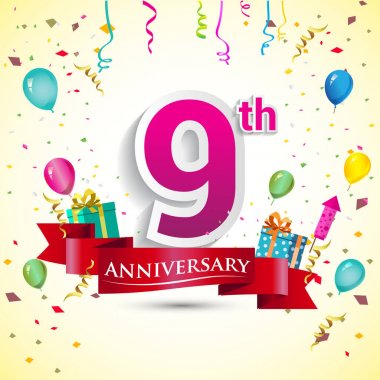 doğum günü partin için hediye kutusu ve balonlar, kırmızı kurdele, renkli vektör şablon öğeleri ile 9 yıldönümü kutlama tasarımı