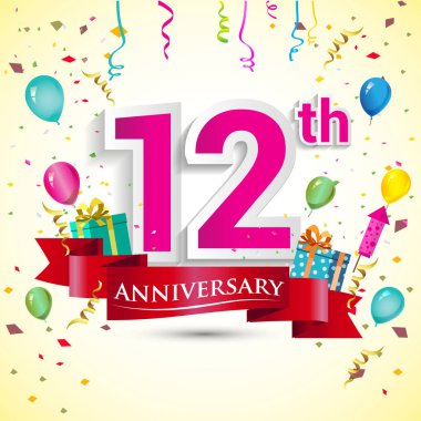 doğum günü partin için hediye kutusu ve balonlar, kırmızı kurdele, renkli vektör şablon öğeleri ile 12 yıldönümü kutlama tasarım