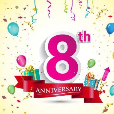 doğum günü partin için hediye kutusu ve balonlar, kırmızı kurdele, renkli vektör şablon öğeleri ile 8 yıldönümü kutlama tasarım