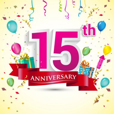 doğum günü partin için hediye kutusu ve balonlar, kırmızı kurdele, renkli vektör şablon öğeleri ile 15th yıldönümü kutlama tasarım