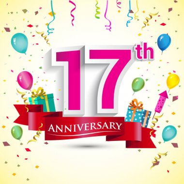 doğum günü partin için hediye kutusu ve balonlar, kırmızı kurdele, renkli vektör şablon öğeleri ile 17 yıldönümü kutlama tasarım