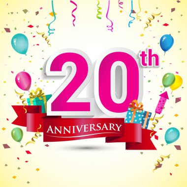 doğum günü partin için hediye kutusu ve balonlar, kırmızı kurdele, renkli vektör şablon öğeleri ile 20th yıldönümü kutlama tasarım