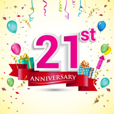 doğum günü partin için hediye kutusu ve balonlar, kırmızı kurdele, renkli vektör şablon öğeleri ile 21 yıldönümü kutlama tasarım