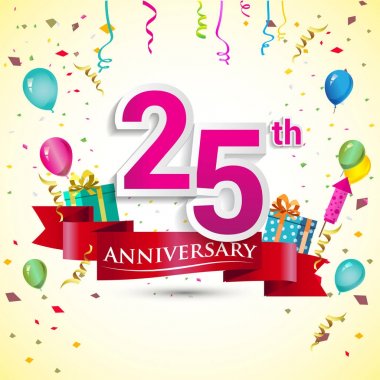 doğum günü partin için hediye kutusu ve balonlar, kırmızı kurdele, renkli vektör şablon öğeleri ile 25 yıldönümü kutlama tasarım