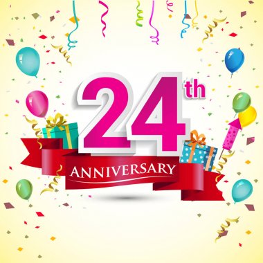 doğum günü partin için hediye kutusu ve balonlar, kırmızı kurdele, renkli vektör şablon öğeleri ile 24 yıldönümü kutlama tasarım