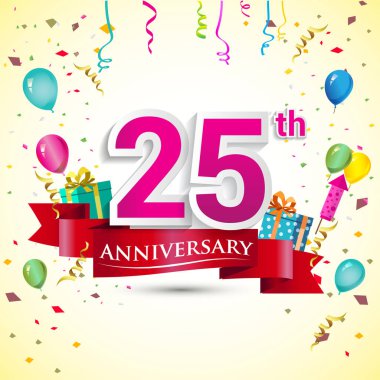 doğum günü partin için hediye kutusu ve balonlar, kırmızı kurdele, renkli vektör şablon öğeleri ile 25 yıldönümü kutlama tasarım