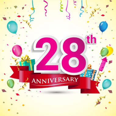 doğum günü partin için hediye kutusu ve balonlar, kırmızı kurdele, renkli vektör şablon öğeleri ile 28th yıldönümü kutlama tasarım