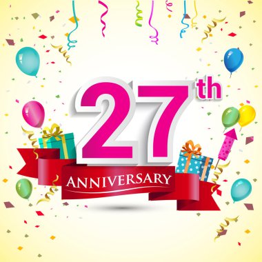 doğum günü partin için hediye kutusu ve balonlar, kırmızı kurdele, renkli vektör şablon öğeleri ile 27 yıldönümü kutlama tasarım