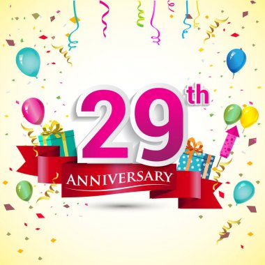 doğum günü partin için hediye kutusu ve balonlar, kırmızı kurdele, renkli vektör şablon öğeleri ile 29 yıldönümü kutlama tasarım
