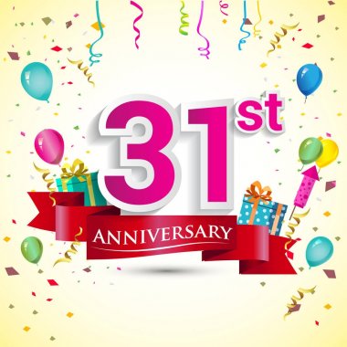 doğum günü partin için hediye kutusu ve balonlar, kırmızı kurdele, renkli vektör şablon öğeleri ile 31 yıldönümü kutlama tasarım